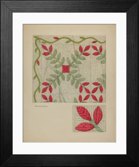 Framed Print : Quilt (Red and Green Leaves), c. 1941. Creator: Charles Roadman Framed Print : Quilt (Red and Green Leaves), c. 1941. Creator: Charles Roadman