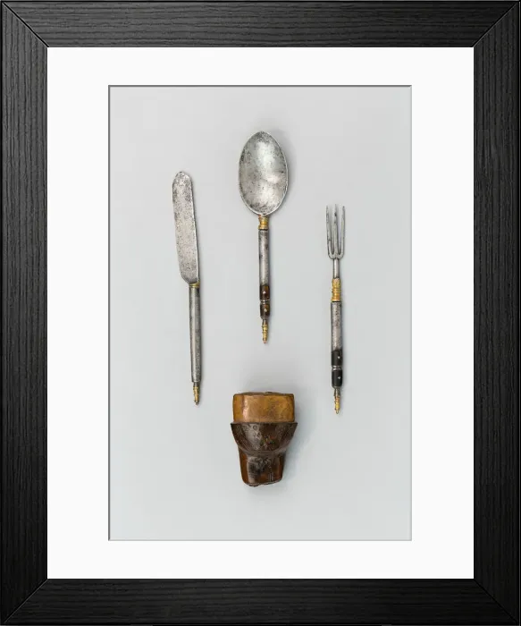 Framed Print : Knife, Fork and Spoon with Cap of a Trousse-Sheath, Europe, late 17th century(?) Framed Print : Knife, Fork and Spoon with Cap of a Trousse-Sheath, Europe, late 17th century(?)