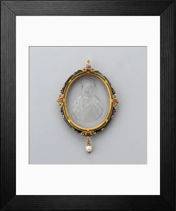 Framed Print : Pendant with Intaglio Portrait of Anna of Austria in Enameled Frame, France Framed Print : Pendant with Intaglio Portrait of Anna of Austria in Enameled Frame, France