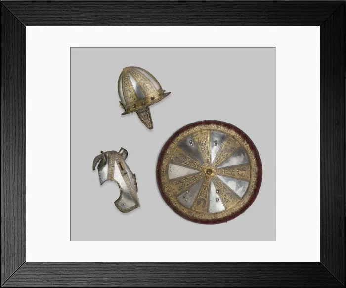 Framed Print : Infantry Garniture of a Target (Shield) and Pointed Morion, Milan, 1570 / 80 Framed Print : Infantry Garniture of a Target (Shield) and Pointed Morion, Milan, 1570 / 80