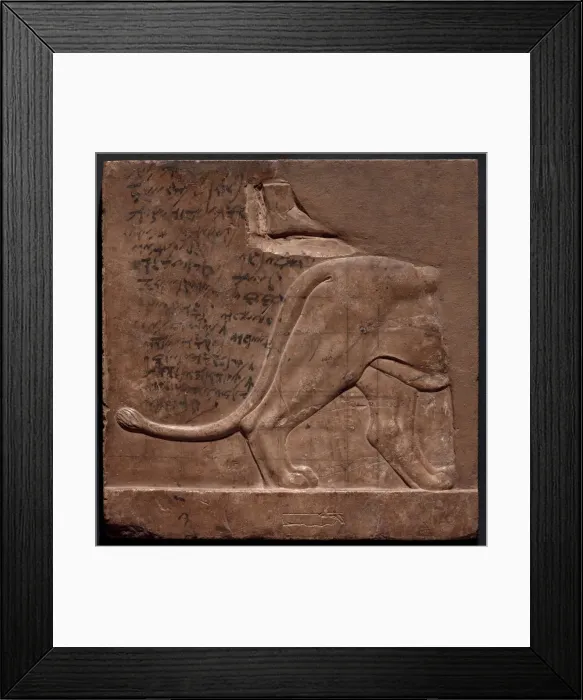 Framed Print : Double-sided Relief Plaque Depicting a Lion and Birds, Egypt Framed Print : Double-sided Relief Plaque Depicting a Lion and Birds, Egypt