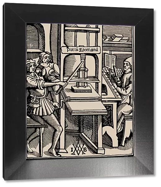 Prelum Ascensianum: printers device with the printing press at work, 1508