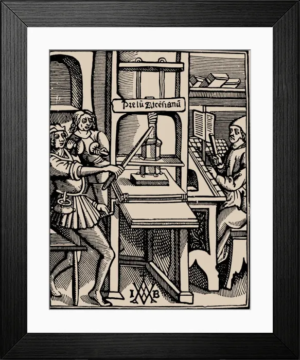 Framed Print : Prelum Ascensianum: printers device with the printing press at work, 1508 Framed Print : Prelum Ascensianum: printers device with the printing press at work, 1508