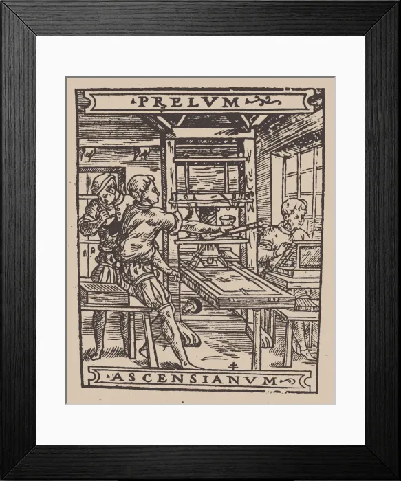 Framed Print : Prelum Ascensianum: printers device with the printing press at work Framed Print : Prelum Ascensianum: printers device with the printing press at work