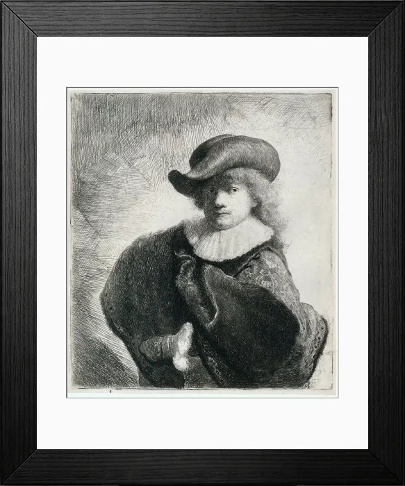 Framed Print : Self-portrait in a soft hat and embroidered cloak, 1631