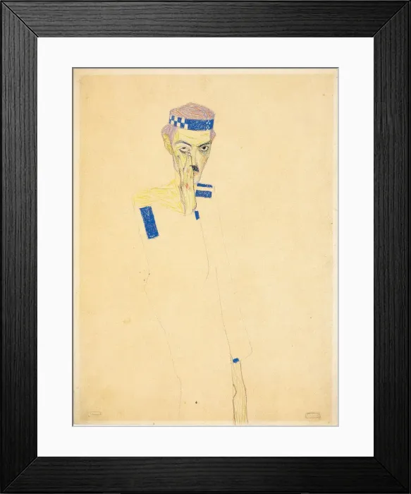 Framed Print : Self-Portrait with blue checked headband, 1909. Creator: Schiele, Egon (1890-1918) Framed Print : Self-Portrait with blue checked headband, 1909. Creator: Schiele, Egon (1890-1918)
