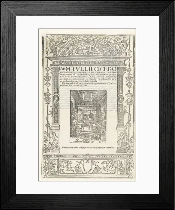 Framed Print : Title page of Cicero's Orationes with Printer's mark of Jodocus Badius, 1520. Creator: Dürer, Albrecht, (Workshop). Title page of Cicero's Orationes with Printer's mark of Jodocus Badius, 1520 Framed Print : Title page of Cicero's Orationes with Printer's mark of Jodocus Badius, 1520. Creator: Dürer, Albrecht, (Workshop). Title page of Cicero's Orationes with Printer's mark of Jodocus Badius, 1520