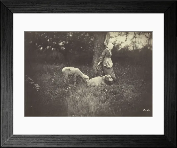 Framed Print : Shepherdess Leaning Against a Tree, with Two Sheep, 1870. Creator: Giraudons Artist Framed Print : Shepherdess Leaning Against a Tree, with Two Sheep, 1870. Creator: Giraudons Artist