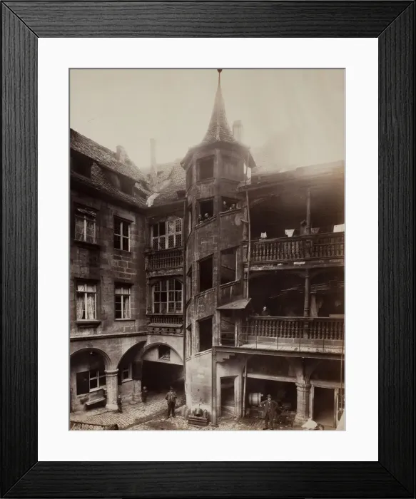 Framed Print : Untitled [courtyard with balconies and spiral staircase], 1870s. Creator: Unknown