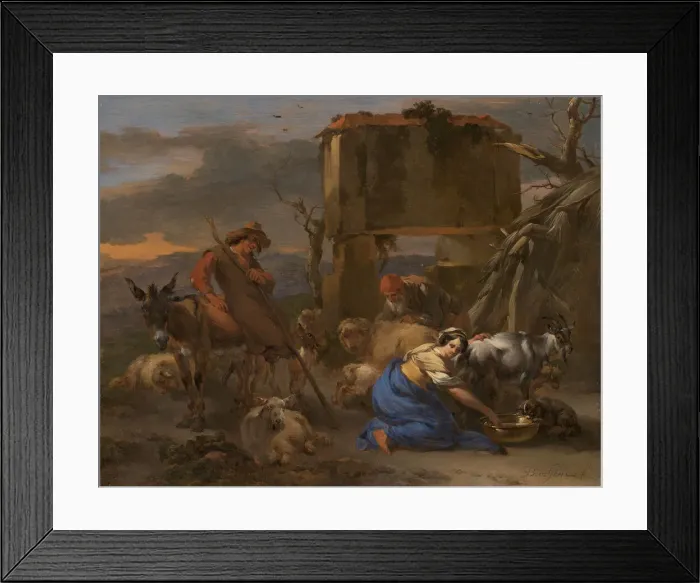Framed Print : Pastoral Scene with a Shepherdess Milking a Goat, 1665  /  70. Creator: Nicolaes Berchem
