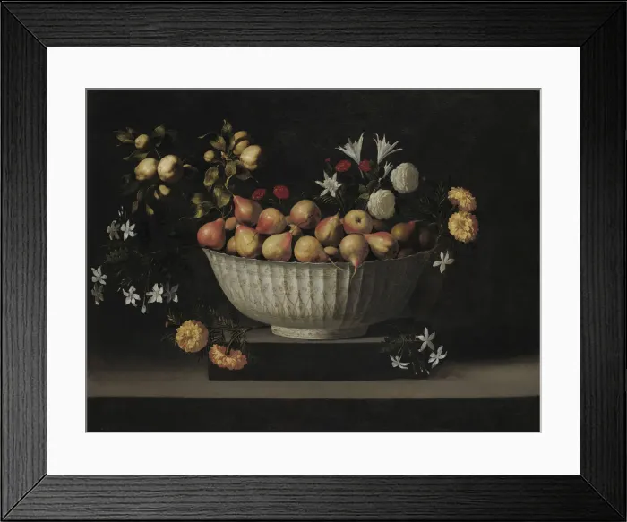 Framed Print : Flowers and Fruit in a China Bowl, c. 1645. Creator: Juan de Zurbaran Framed Print : Flowers and Fruit in a China Bowl, c. 1645. Creator: Juan de Zurbaran