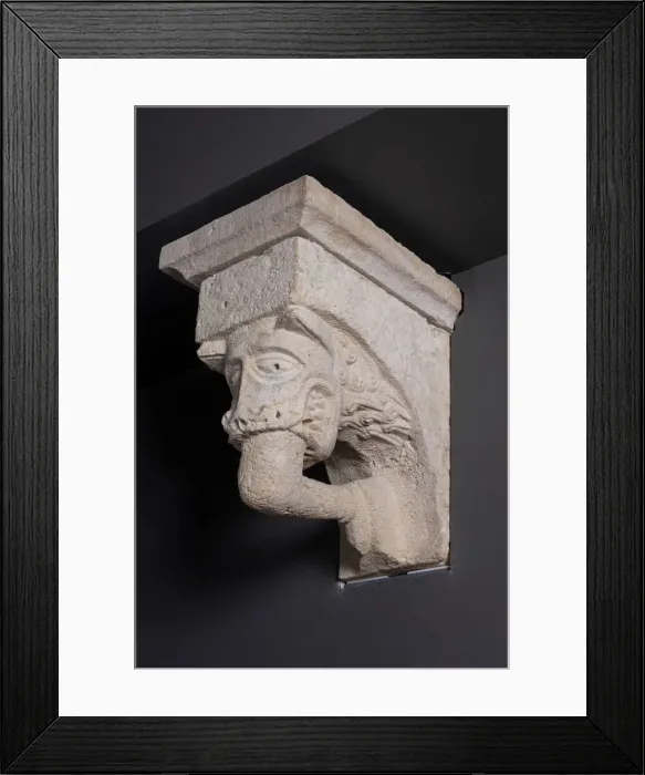Framed Print : Corbel with Animal Mask with Teeth Fastened on Human Leg from the Monastery Church of Framed Print : Corbel with Animal Mask with Teeth Fastened on Human Leg from the Monastery Church of