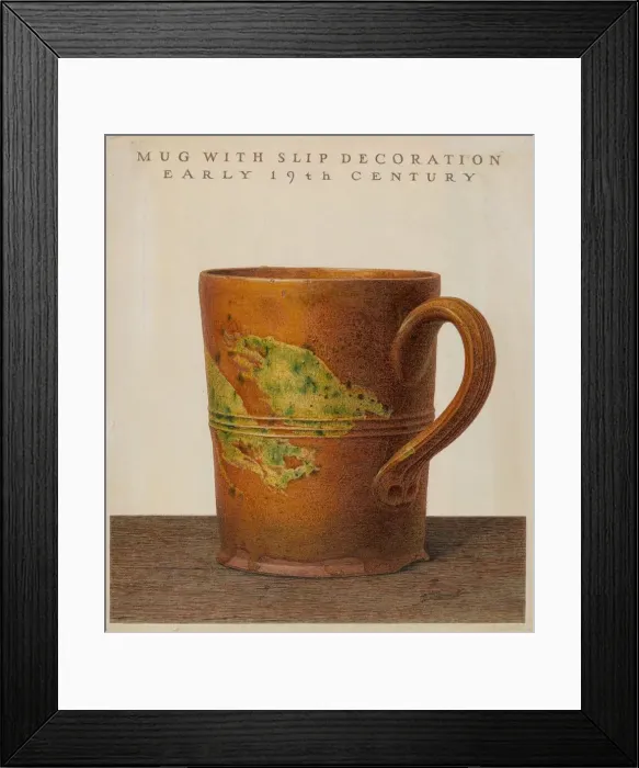 Framed Print : Mug with Slip Decoration, c. 1938. Creator: John Matulis Framed Print : Mug with Slip Decoration, c. 1938. Creator: John Matulis