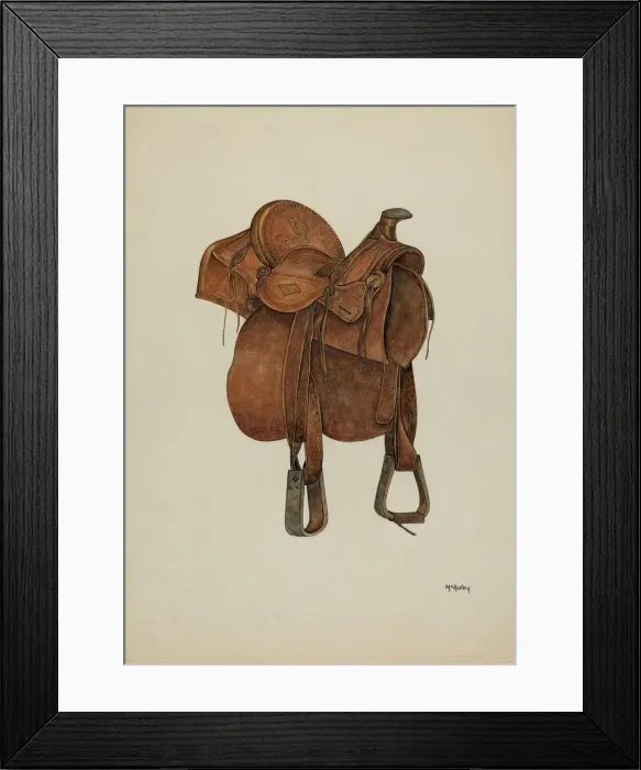 Framed Print : Leather Saddle, c. 1940. Creator: William McAuley Framed Print : Leather Saddle, c. 1940. Creator: William McAuley