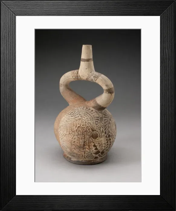 Framed Print : Spout Vessel with Fineline Painting Depicting a Supernatural Wearing a Shell, 100 B. C. / A Framed Print : Spout Vessel with Fineline Painting Depicting a Supernatural Wearing a Shell, 100 B. C. / A