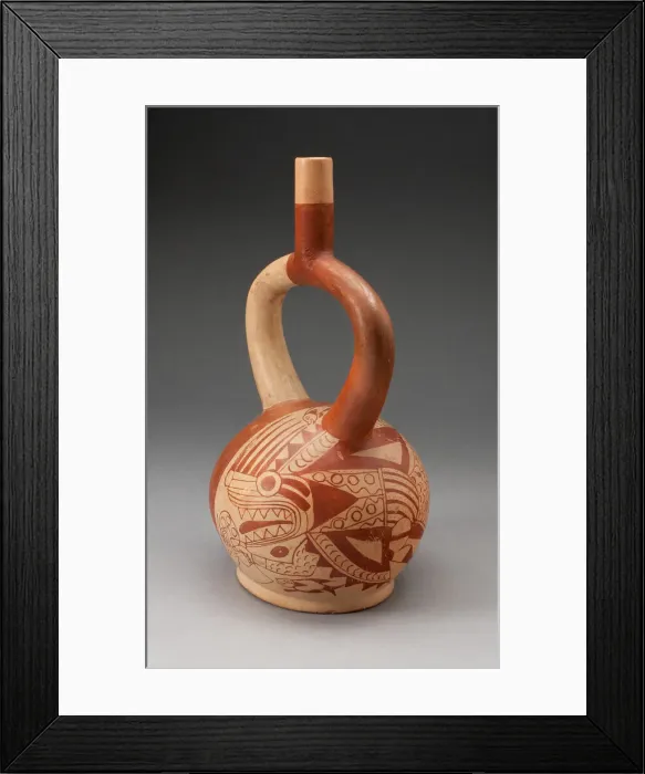 Framed Print : Stirrup Vessel Depicting an Anthropomorphic Composite Being, with Overpainting, 100 B. C
