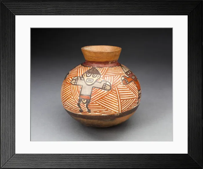 Framed Print : Small Jar Depicting Figures with Outstretched Arms, Standing against Red-Striped Framed Print : Small Jar Depicting Figures with Outstretched Arms, Standing against Red-Striped