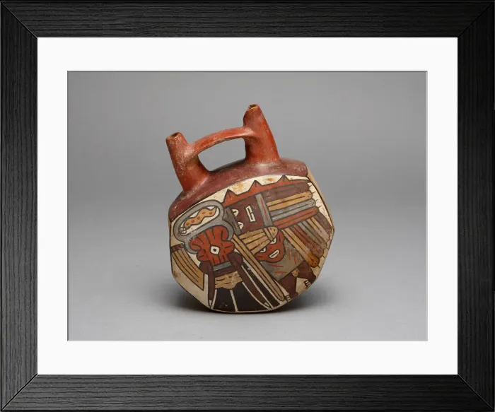Framed Print : Geometric Bridge Vessel Depicting Ritual Performer Wearing Abstract Bird Costume, 180 B. C