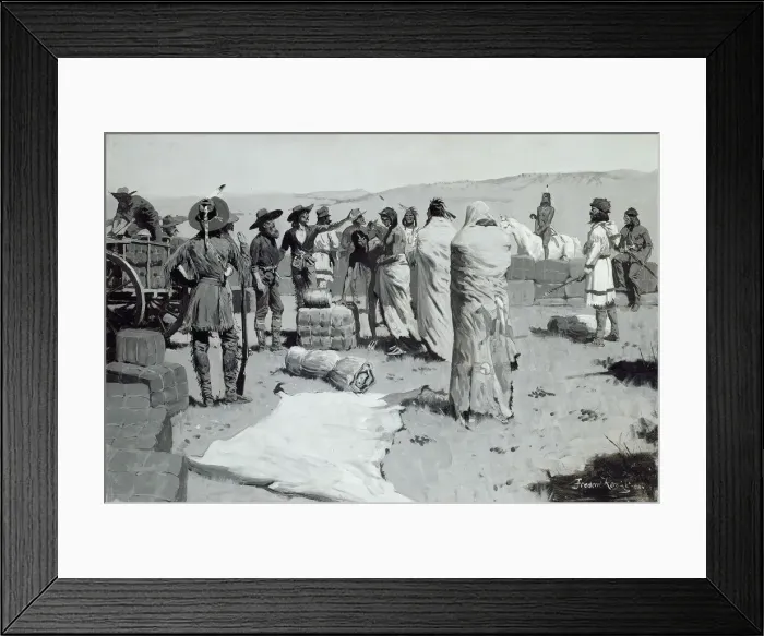 Framed Print : The Interpreter Waved at the Youth, c. 1900. Creator: Frederic Remington Framed Print : The Interpreter Waved at the Youth, c. 1900. Creator: Frederic Remington