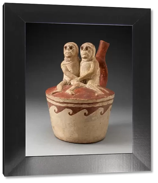 Spout Vessel Depicting Two Skeletal Figures in Erotic Scene Attached to Handle, 100 B. C