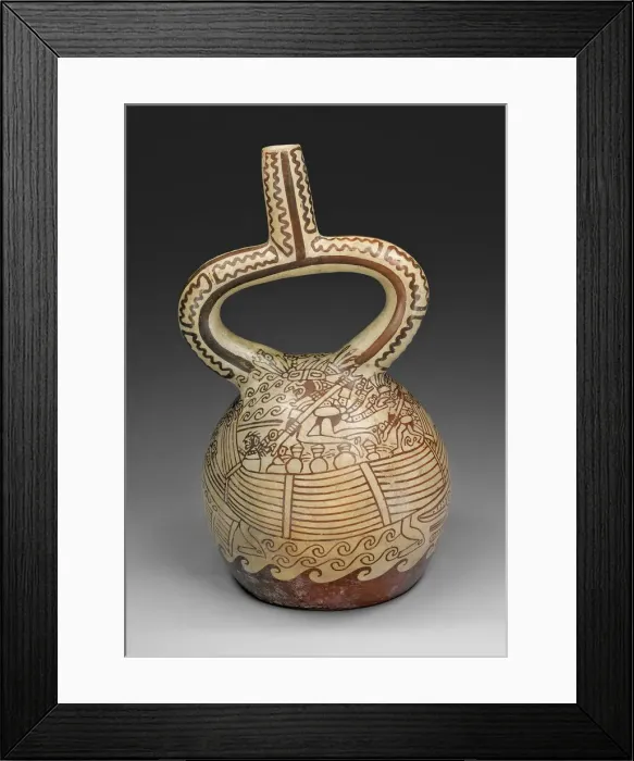 Framed Print : Stirrup Vessel with Fineline Painting Depicting a Figures in Reed Boat, 100 B. C. / A. D. 500 Framed Print : Stirrup Vessel with Fineline Painting Depicting a Figures in Reed Boat, 100 B. C. / A. D. 500