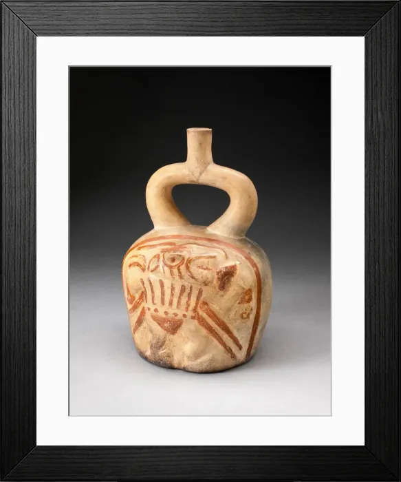 Framed Print : Stirrup Spout Vessel with Relief Depicting a Supernatural Figure Holding a Trophy Head