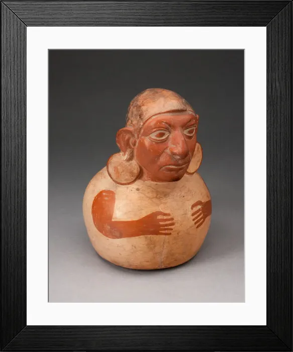 Framed Print : Handle Spout Vessel in the Form of a Figure with Modeled Head, Spout Missing, 100 B. C. / A Framed Print : Handle Spout Vessel in the Form of a Figure with Modeled Head, Spout Missing, 100 B. C. / A