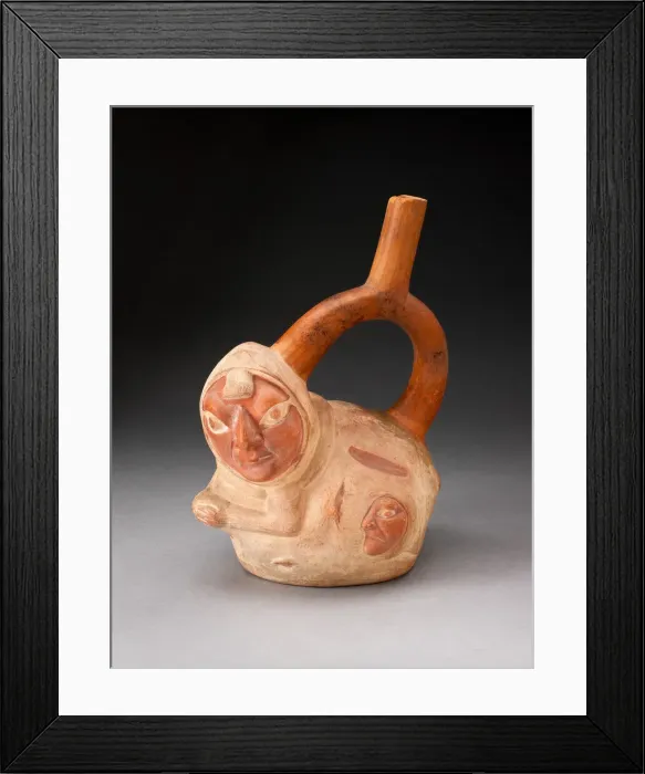 Framed Print : Handle Spout Vessel in the Form of a Crouching Figure with Human Heads Attached to Framed Print : Handle Spout Vessel in the Form of a Crouching Figure with Human Heads Attached to