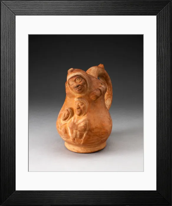 Framed Print : Handle Spout Vessel in the Form of a Composite Scene Depicting Three Figures, 100 B. C. / A Framed Print : Handle Spout Vessel in the Form of a Composite Scene Depicting Three Figures, 100 B. C. / A