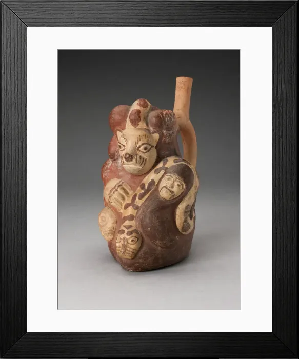 Framed Print : Handle Spouted Vessel with Composite Relief with Human Head, Puma, and Serpent, 100 B. C Framed Print : Handle Spouted Vessel with Composite Relief with Human Head, Puma, and Serpent, 100 B. C