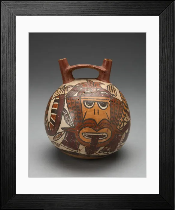 Framed Print : Double Spout Vessel Depicting Figure Costumed as Pampas Cat with Bean Motifs, 180 B. C. / A Framed Print : Double Spout Vessel Depicting Figure Costumed as Pampas Cat with Bean Motifs, 180 B. C. / A