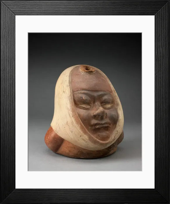 Framed Print : Stirrup Spout Vessel with Missing Handle in the Form of a Head Wraped in Textile, 100 B. C Framed Print : Stirrup Spout Vessel with Missing Handle in the Form of a Head Wraped in Textile, 100 B. C