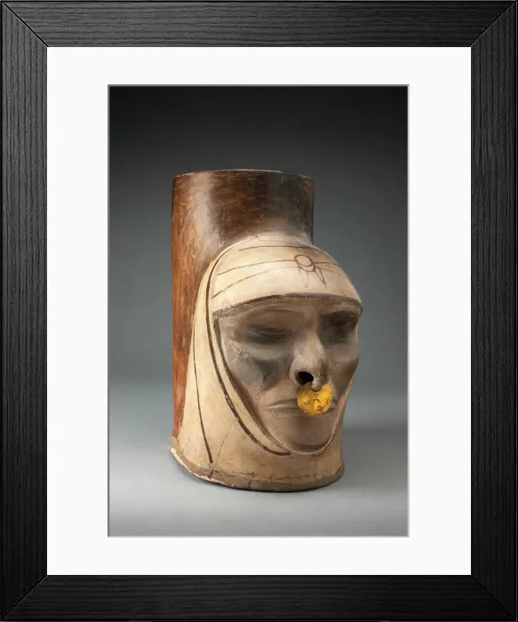Framed Print : Fragment of a Jar in the Form of a Human Head, Possibly Deceased, Wearing a Nosering Framed Print : Fragment of a Jar in the Form of a Human Head, Possibly Deceased, Wearing a Nosering