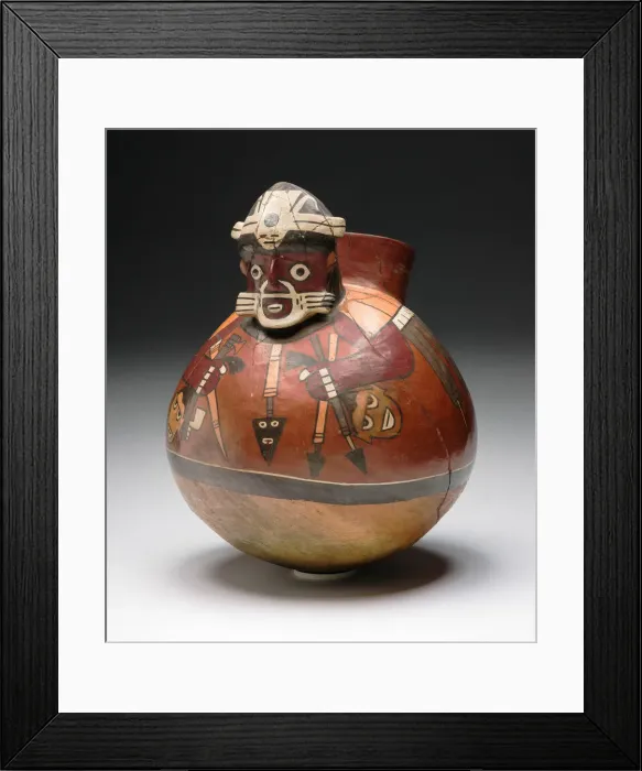 Framed Print : Effigy Drum in the Form of a Masked Warrior Holding Trophy Heads and Darts, 180 B. C. / A. D Framed Print : Effigy Drum in the Form of a Masked Warrior Holding Trophy Heads and Darts, 180 B. C. / A. D
