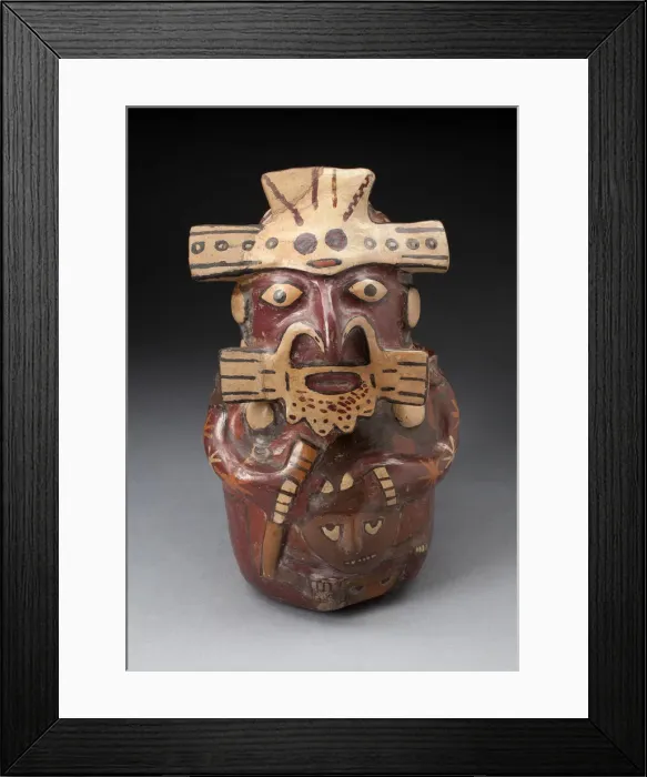 Framed Print : Single Spout Vessel in the Form of a Seated Figure Wearing Mask and Headdress... 180 B.C Framed Print : Single Spout Vessel in the Form of a Seated Figure Wearing Mask and Headdress... 180 B.C