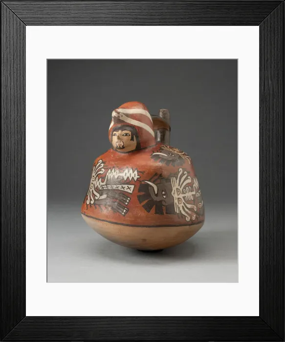 Framed Print : Stirrup Vessel in the Form of Figure with Abstract Motifs and Trophy Heads on Torso Framed Print : Stirrup Vessel in the Form of Figure with Abstract Motifs and Trophy Heads on Torso
