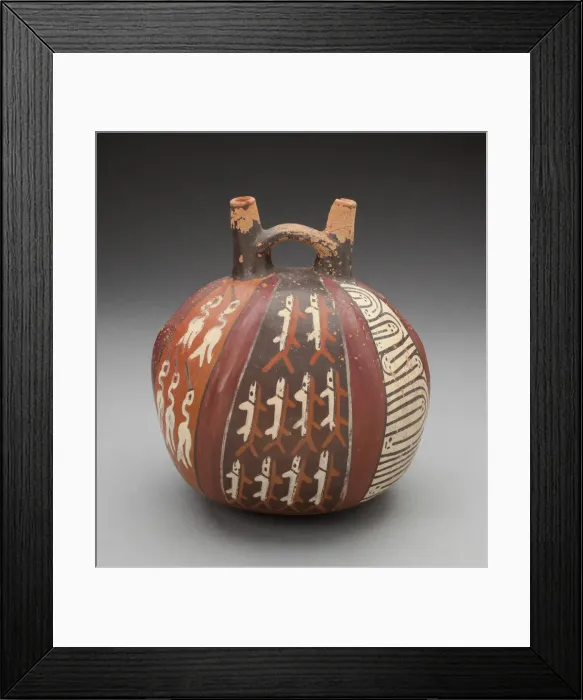 Framed Print : Double Spout Vessel with Vertical Bands Depicting Fish, Birds, and Geometric Motifs Framed Print : Double Spout Vessel with Vertical Bands Depicting Fish, Birds, and Geometric Motifs