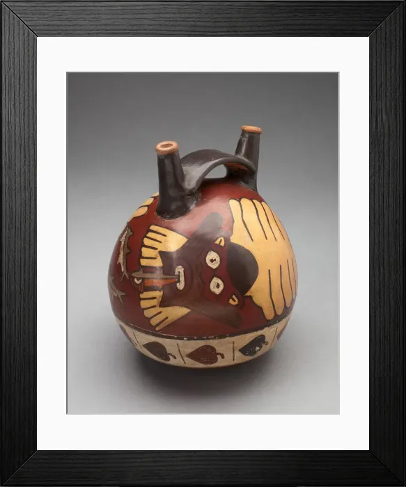 Framed Print : Double Spout Vessel Depicting a Costumed Ritual Performer with Sharks, 180 B. C. / A. D. 500 Framed Print : Double Spout Vessel Depicting a Costumed Ritual Performer with Sharks, 180 B. C. / A. D. 500