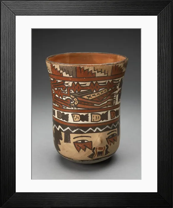 Framed Print : Beaker Depicting Human Head with Face Painting; and Abstract Costumed Figures, 180 B. C. / A Framed Print : Beaker Depicting Human Head with Face Painting; and Abstract Costumed Figures, 180 B. C. / A