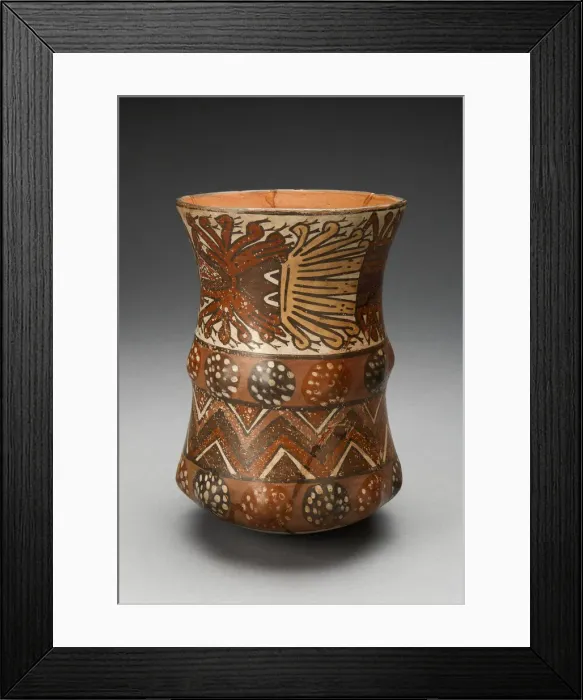 Framed Print : Curved Beaker with Rows of Abstract Masks and Geometric Motifs, 180 B. C.  /  A. D. 500