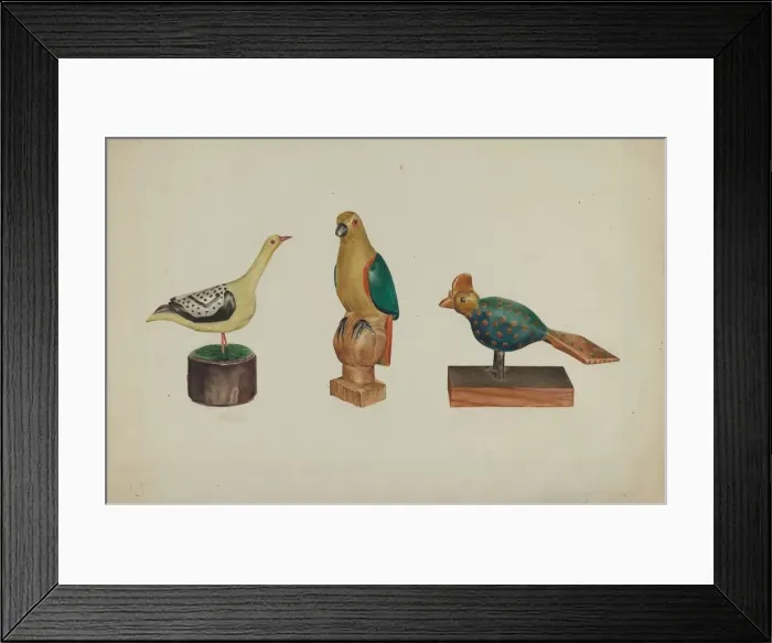 Framed Print : Pa. German Three Carved and Painted Birds, c. 1937. Creator: Victor F. Muollo Framed Print : Pa. German Three Carved and Painted Birds, c. 1937. Creator: Victor F. Muollo