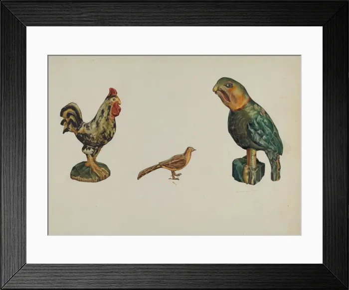 Framed Print : Wooden Rooster, Pheasant, and Parrot, c. 1937. Creator: Victor F. Muollo Framed Print : Wooden Rooster, Pheasant, and Parrot, c. 1937. Creator: Victor F. Muollo