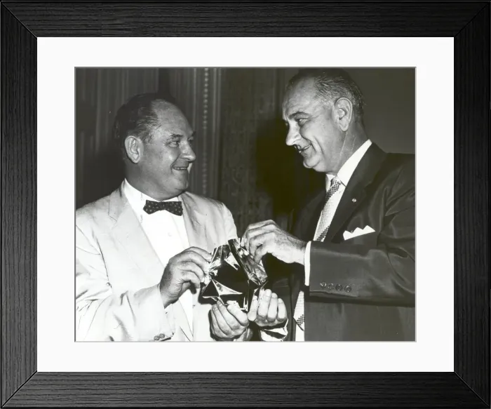 Framed Print : T. Keith Glennan shows Lyndon Johnson aluminized mylar flim used to make the Echo I Framed Print : T. Keith Glennan shows Lyndon Johnson aluminized mylar flim used to make the Echo I