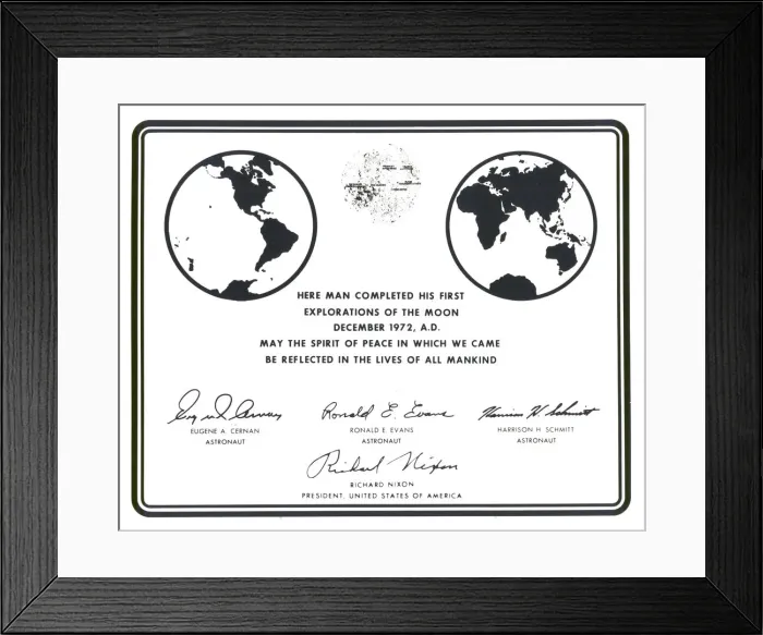 Framed Print : Replica of the plaque left on the Moon by Apollo 17 astronauts, 1972. Creator: NASA Framed Print : Replica of the plaque left on the Moon by Apollo 17 astronauts, 1972. Creator: NASA