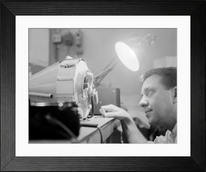 Framed Print : American physicist James Van Allen with Pioneer 4, USA, 1950s. Creator: Unknown Framed Print : American physicist James Van Allen with Pioneer 4, USA, 1950s. Creator: Unknown