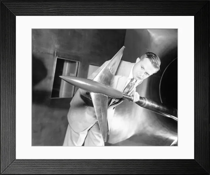 Framed Print : Richard Whitcomb with Area Rule Wind Tunnel Model, USA, April 20, 1955. Creator: Unknown Framed Print : Richard Whitcomb with Area Rule Wind Tunnel Model, USA, April 20, 1955. Creator: Unknown