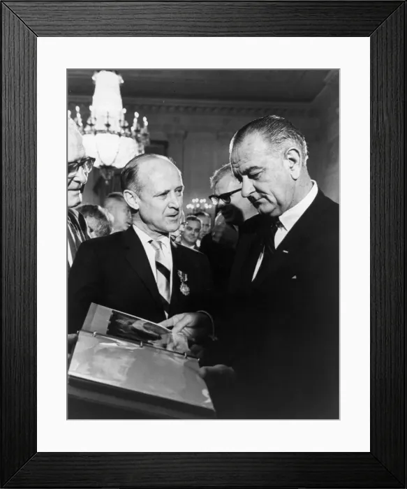Framed Print : Mariner photos presented to President Johnson, 1965. Creator: NASA Framed Print : Mariner photos presented to President Johnson, 1965. Creator: NASA