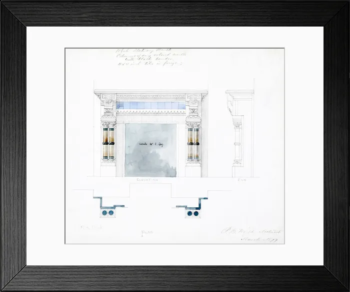Framed Print : White Statuary Marble Mantel Design, Elevations and Plan, 1877 Framed Print : White Statuary Marble Mantel Design, Elevations and Plan, 1877