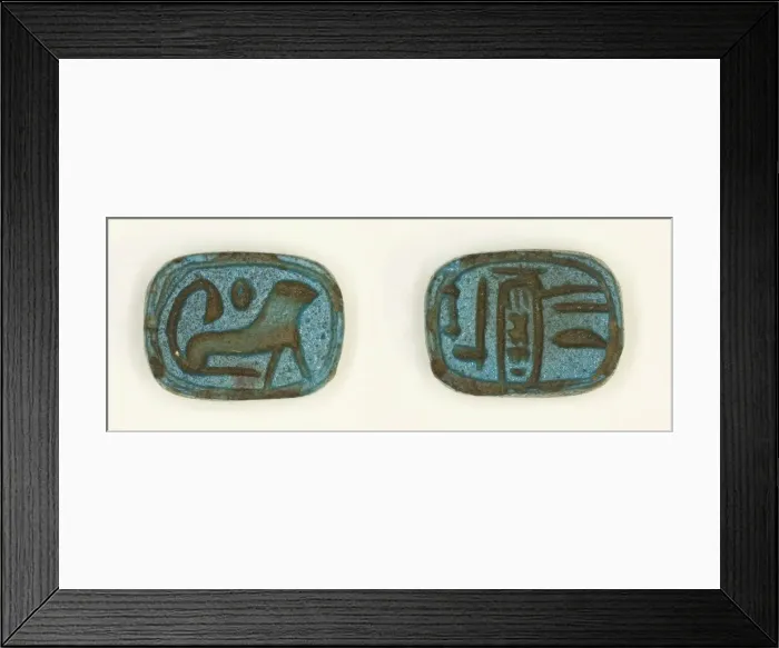 Framed Print : Plaque: The Good God, Lord of the Two Lands, Menkheperure (Thutmose IV) / lion with round Framed Print : Plaque: The Good God, Lord of the Two Lands, Menkheperure (Thutmose IV) / lion with round