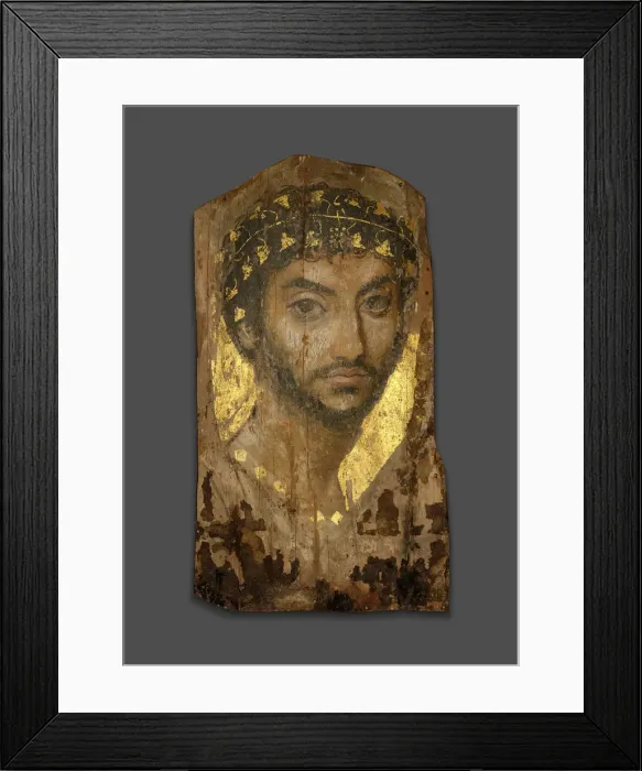 Framed Print : Mummy Portrait of a Man Wearing an Ivy Wreath, Fayum, Early to mid-2nd century Framed Print : Mummy Portrait of a Man Wearing an Ivy Wreath, Fayum, Early to mid-2nd century